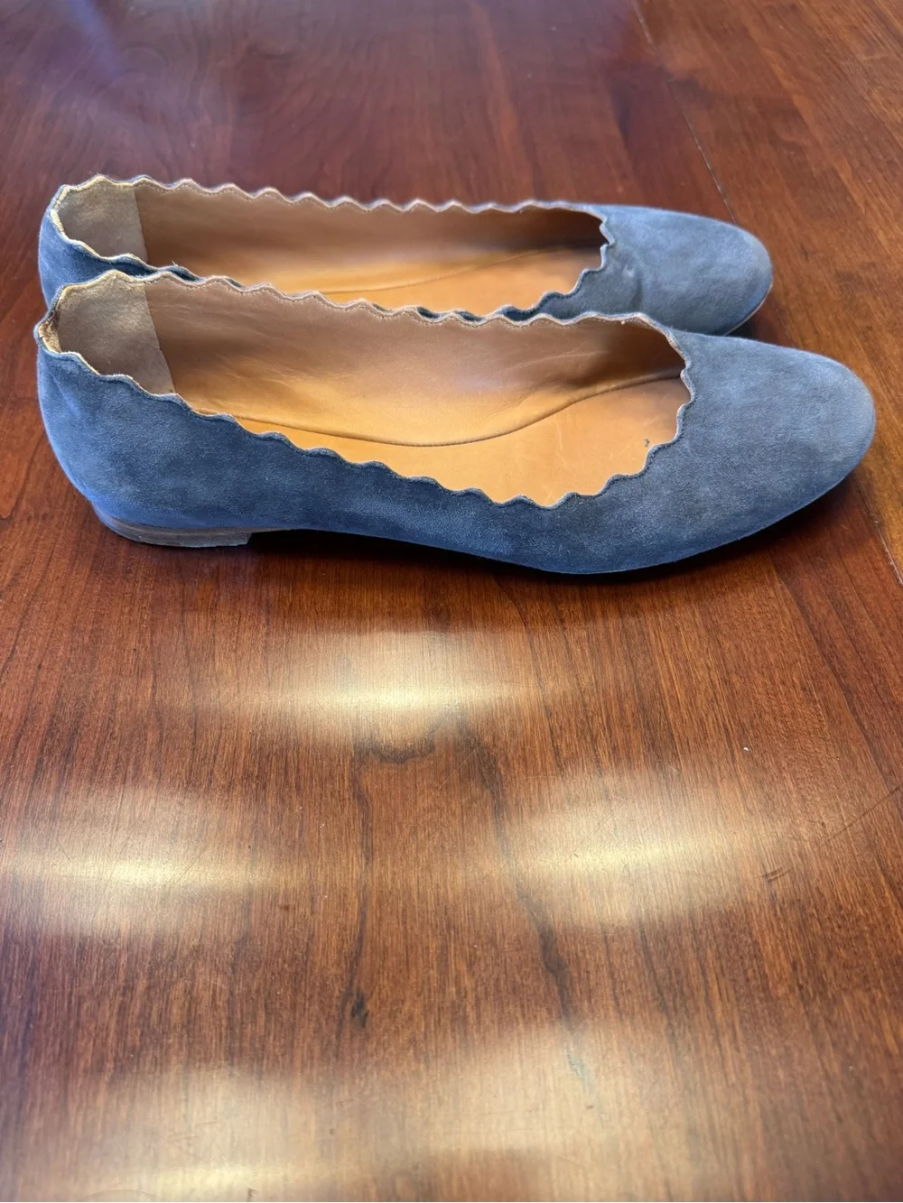 CHLOE Gray Suede Scalloped Ballet Flats